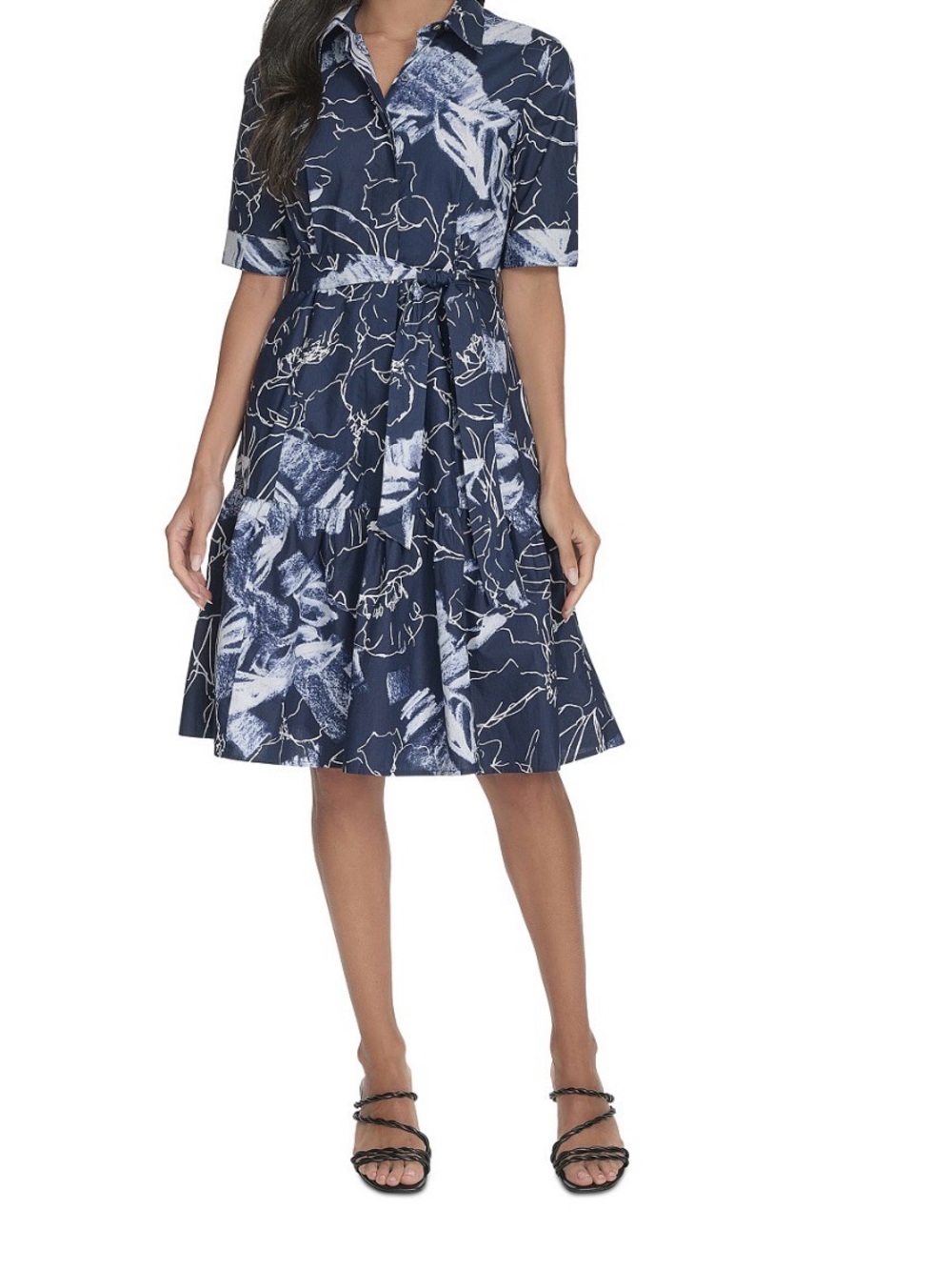 NWT Calvin Klein Navy Abstract Print Tie-Waist Dress